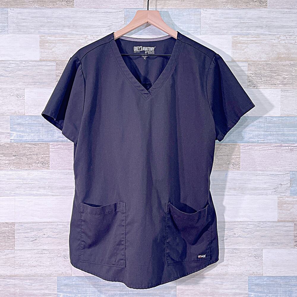 GREYS ANATOMY 2 Pocket Classic Fit Scrub Top Black Solid Nursing Womens XL